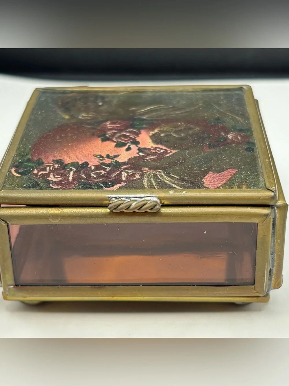 Vintage Via Vermont Cherub Brass Stained Art Glass Trinket Box Holographic